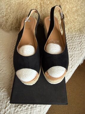 Black Open-Toe Nubuck Slingback Wedge Sandals